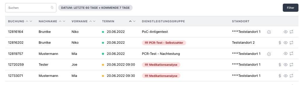 Corona Test Software- markierte offene Zahlungen